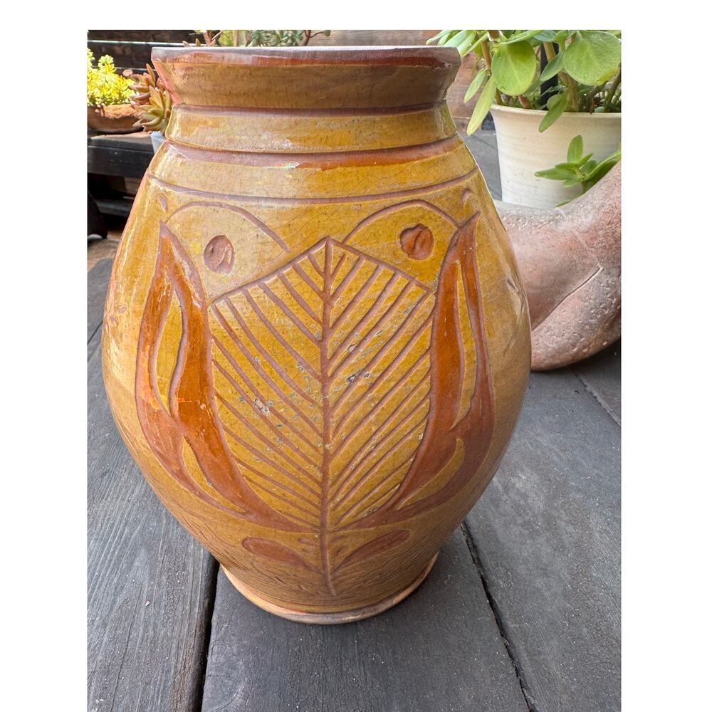 Vintage 2000 Greg Shooner Redware Pottery Vase 10" Folk Art- Exceptional